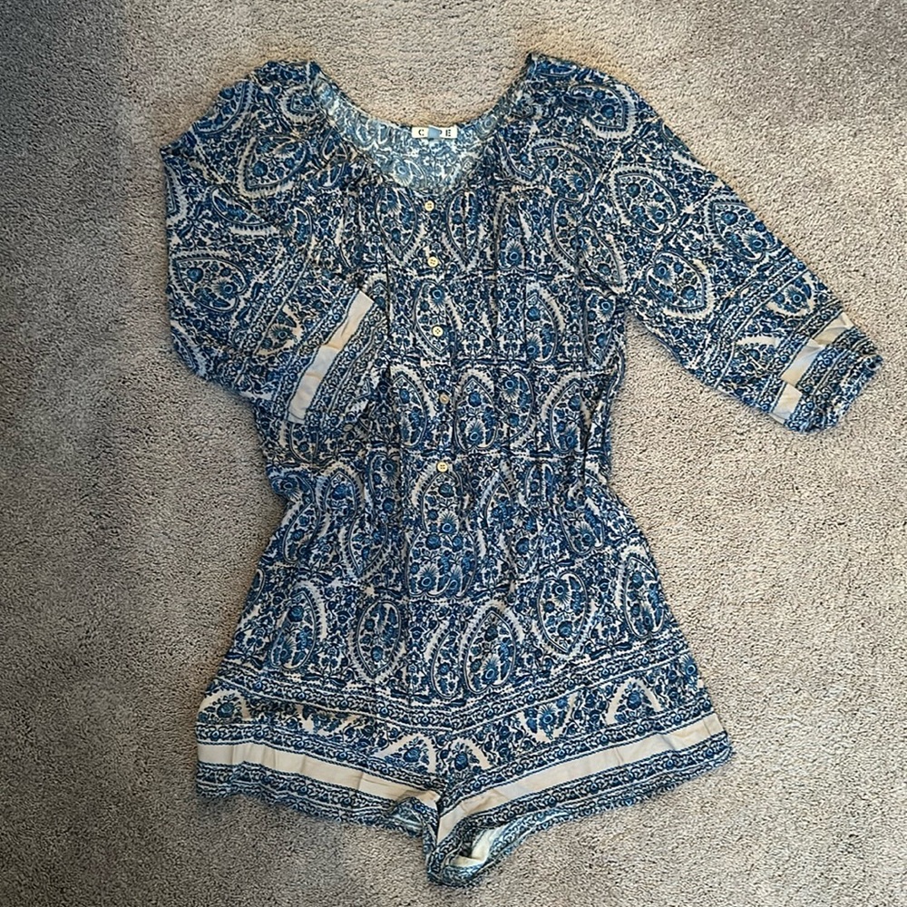 COPE pattern romper , button front, 3 quarter sleeve, medium, blue and beige